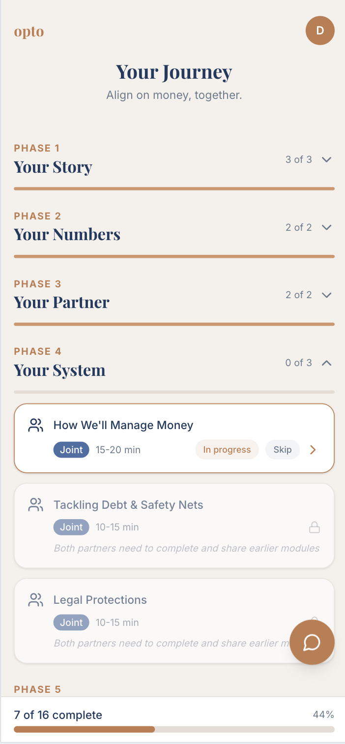 Opto app showing a couple's guided money journey with phases and progress