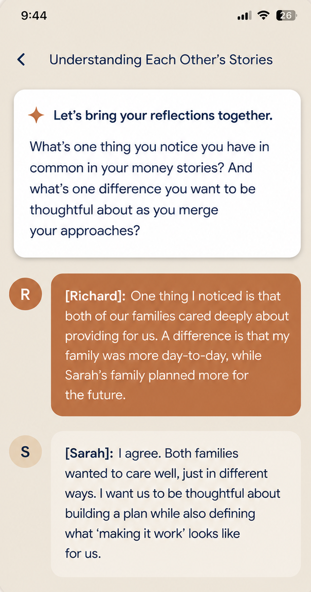 Opto app showing a couple's reflection conversation